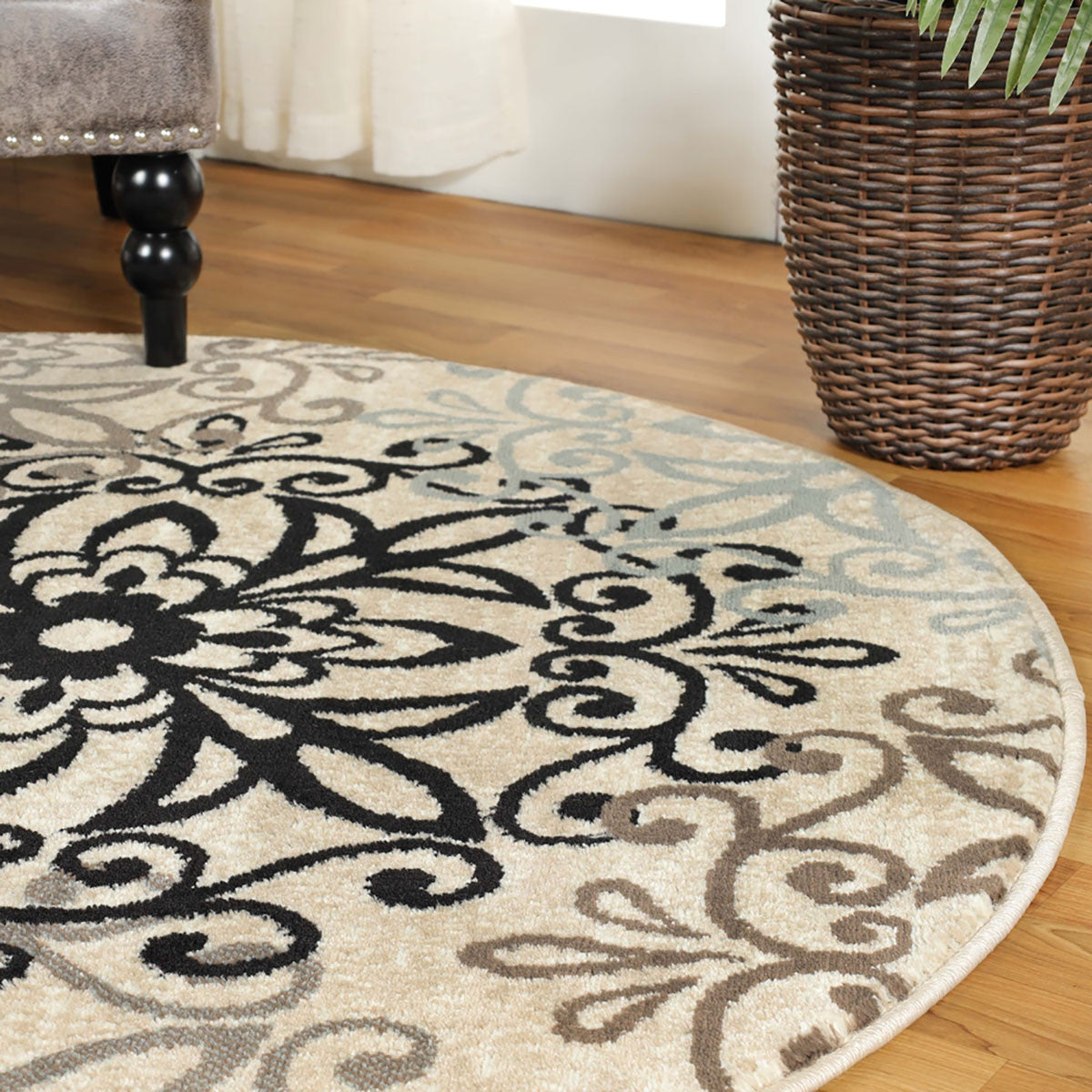 5' Round Tan Gray And Black Round Floral Medallion Stain Resistant Area Rug