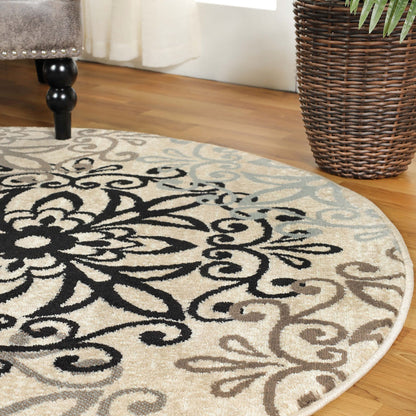 5' Round Tan Gray And Black Round Floral Medallion Stain Resistant Area Rug