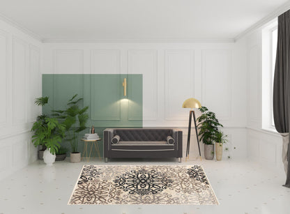 7' X 9' Tan Gray And Black Floral Medallion Stain Resistant Area Rug