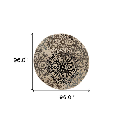 8' Round Tan Gray And Black Round Floral Medallion Stain Resistant Area Rug