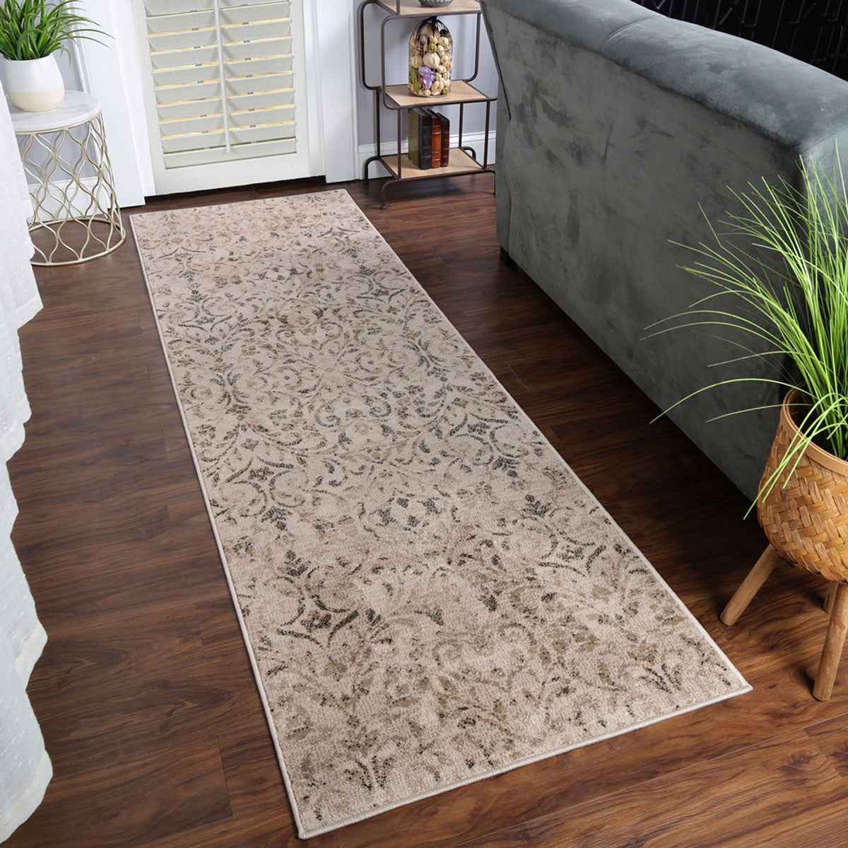 8' Bronze Floral Vines Power Loom Stain Resistant Runner Rug