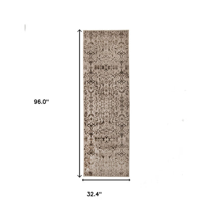 8' Bronze Floral Vines Power Loom Stain Resistant Runner Rug