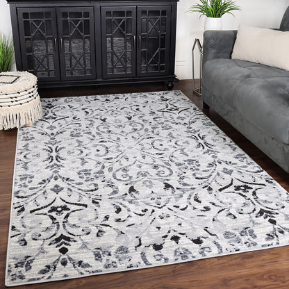 5' X 8' Platinum Floral Vines Power Loom Stain Resistant Area Rug