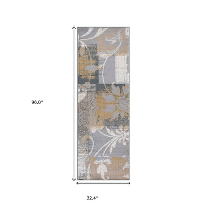 8' Beige And Gray Floral Power Loom Distressed Stain Resistant Runner Rug