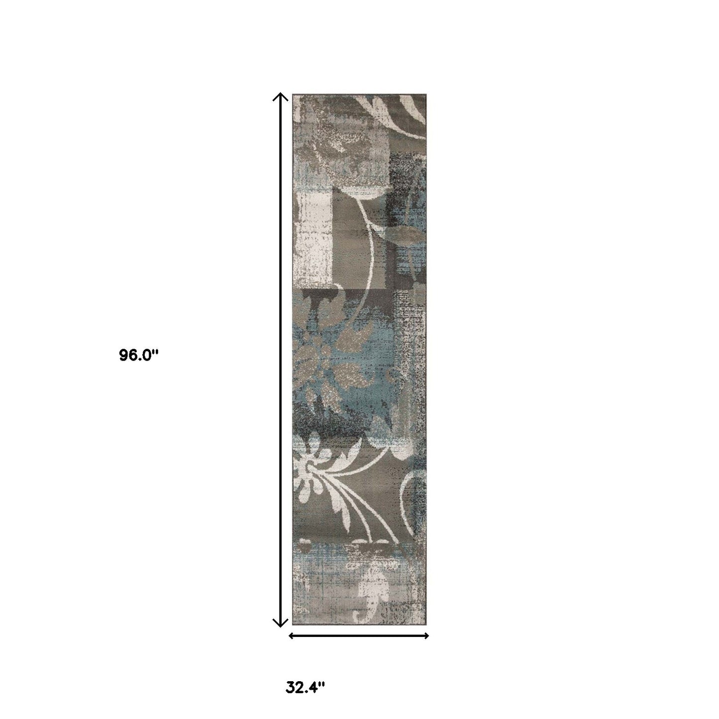 8' Teal Gray And Tan Floral Power Loom Distressed Stain Resistant Runner Rug