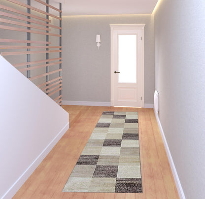 8' Beige Geometric Power Loom Stain Resistant Runner Rug