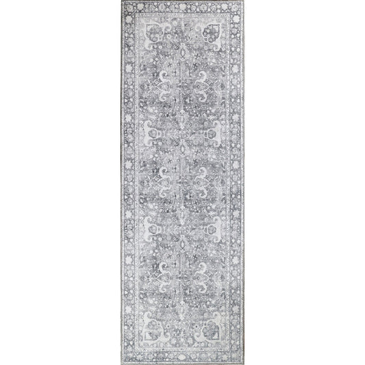 8' Charcoal Medallion Power Loom Stain Resistant Runner Rug