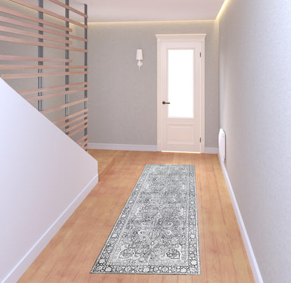 8' Charcoal Medallion Power Loom Stain Resistant Runner Rug