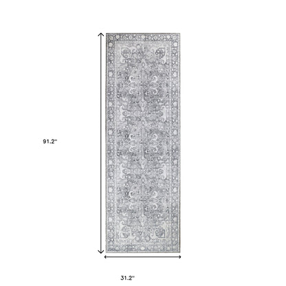 8' Charcoal Medallion Power Loom Stain Resistant Runner Rug