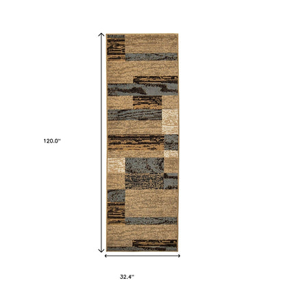 10' Light Blue-Beige Patchwork Power Loom Stain Resistant Runner Rug