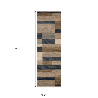 8' Midnight Navy Patchwork Power Loom Stain Resistant Runner Rug