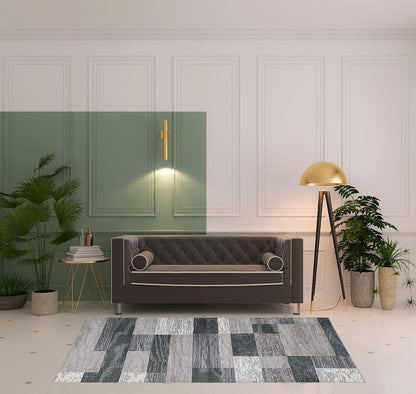 5' X 8' Blue And Taupe Patchwork Power Loom Stain Resistant Area Rug