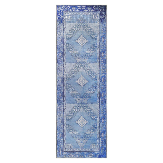 8' Shades Of Blue Geometric Power Loom Distressed Stain Resistant Non Skid Runner Rug