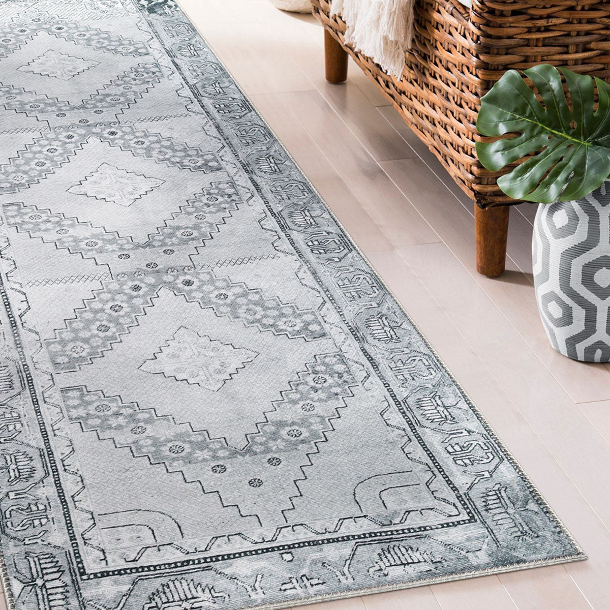 8' Light Gray Geometric Power Loom Distressed Stain Resistant Non Skid Runner Rug