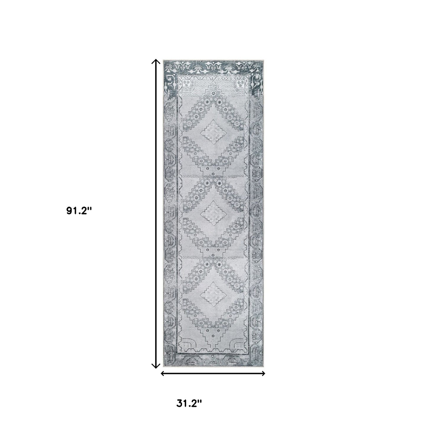 8' Light Gray Geometric Power Loom Distressed Stain Resistant Non Skid Runner Rug