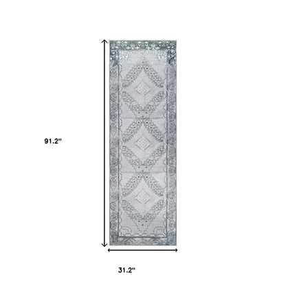 8' Light Gray Geometric Power Loom Distressed Stain Resistant Non Skid Runner Rug