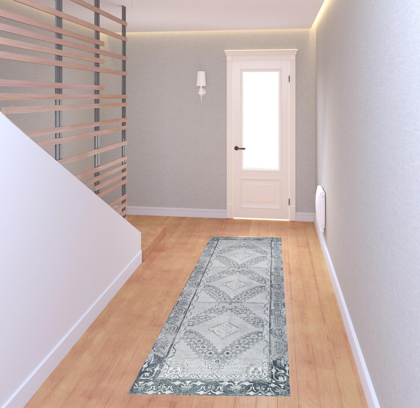 8' Light Gray Geometric Power Loom Distressed Stain Resistant Non Skid Runner Rug