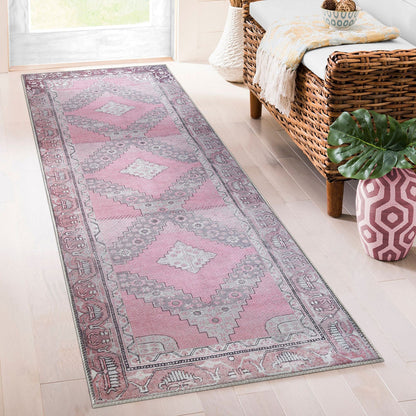 8' Pink Geometric Power Loom Distressed Stain Resistant Non Skid Runner Rug