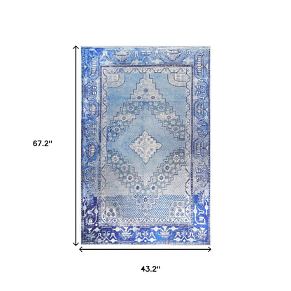 4' X 6' Shades Of Blue Geometric Power Loom Distressed Stain Resistant Non Skid Area Rug