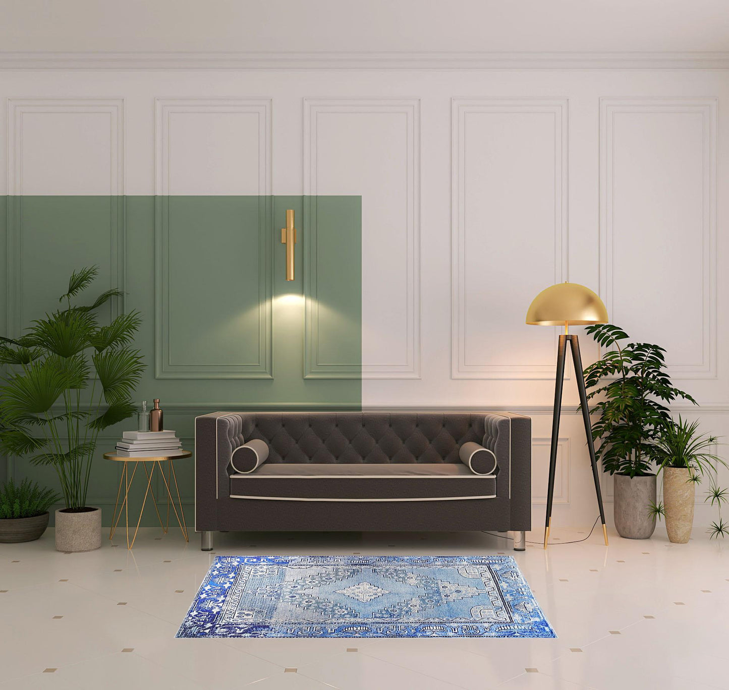 4' X 6' Shades Of Blue Geometric Power Loom Distressed Stain Resistant Non Skid Area Rug