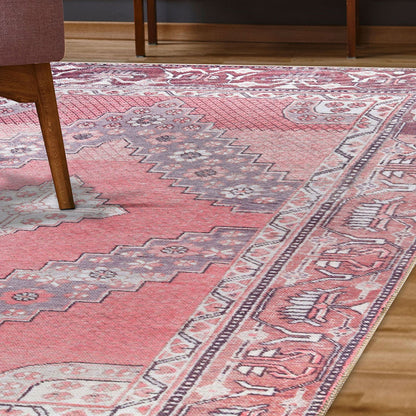 4' X 6' Pink Geometric Power Loom Distressed Stain Resistant Non Skid Area Rug