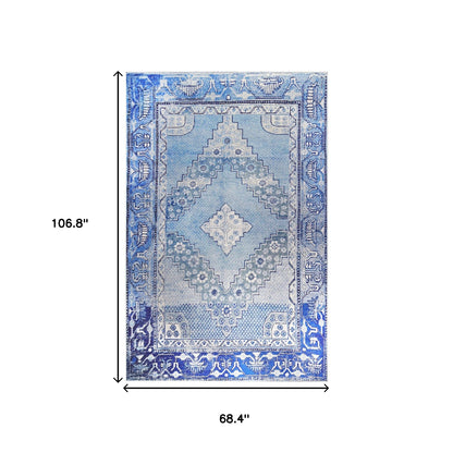 6' X 9' Shades Of Blue Geometric Power Loom Distressed Stain Resistant Non Skid Area Rug