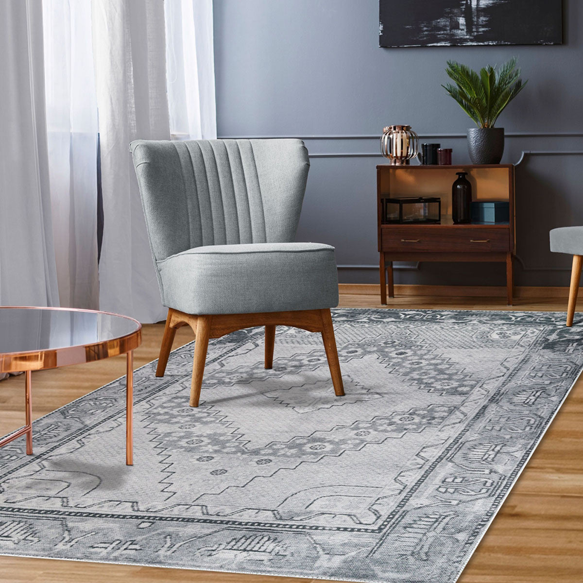 5' X 8' Light Gray Geometric Power Loom Distressed Stain Resistant Non Skid Area Rug