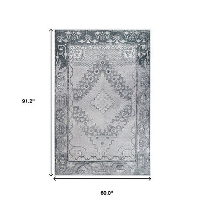 5' X 8' Light Gray Geometric Power Loom Distressed Stain Resistant Non Skid Area Rug