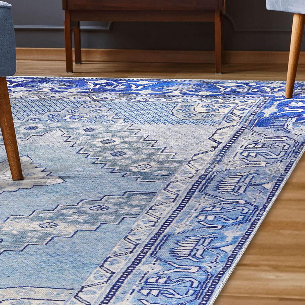 8' X 10' Shades Of Blue Geometric Power Loom Distressed Stain Resistant Non Skid Area Rug