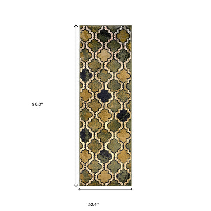 8' Green Quatrefoil Power Loom Distressed Stain Resistant Runner Rug