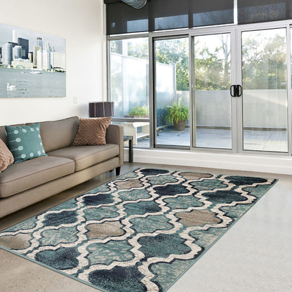 5' X 8' Deep Royal Quatrefoil Power Loom Distressed Stain Resistant Area Rug