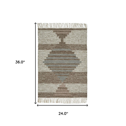 2' X 3' Grey Geometric Flatweave Handmade Stain Resistant Area Rug With Fringe