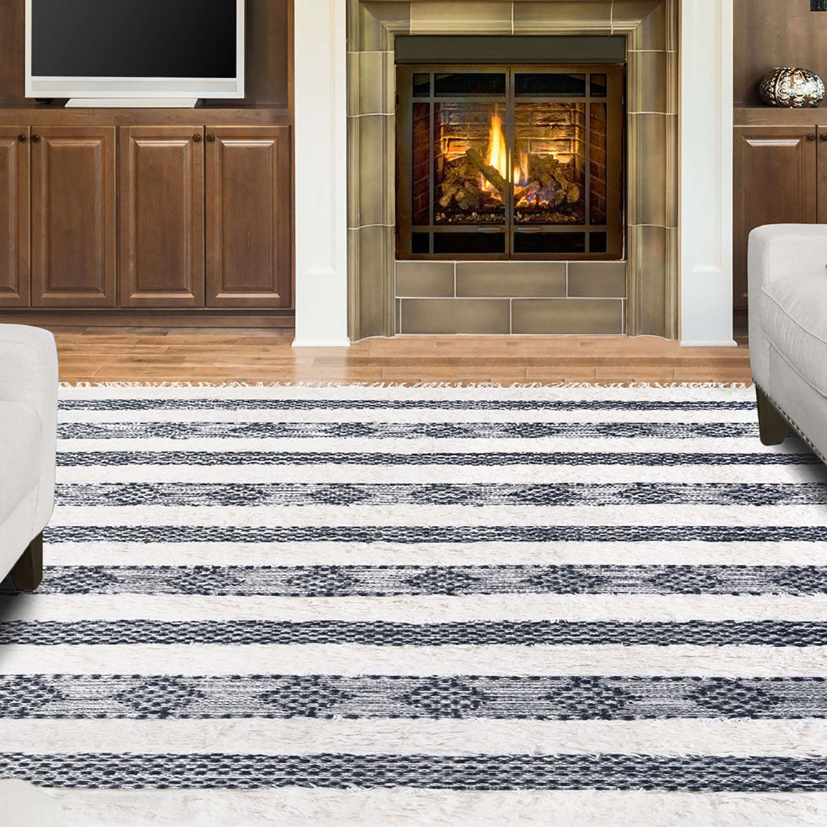 4' X 6' Black And Ivory Wool Striped Flatweave Handmade Stain Resistant Area Rug With Fringe