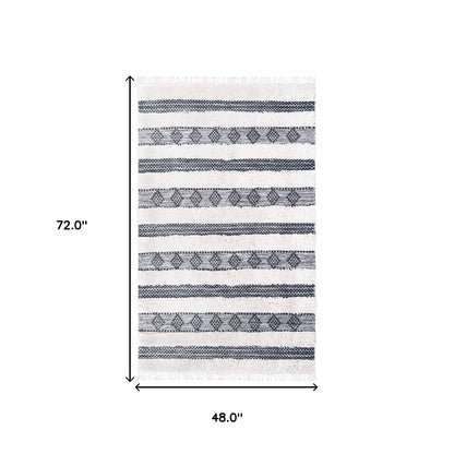 4' X 6' Black And Ivory Wool Striped Flatweave Handmade Stain Resistant Area Rug With Fringe
