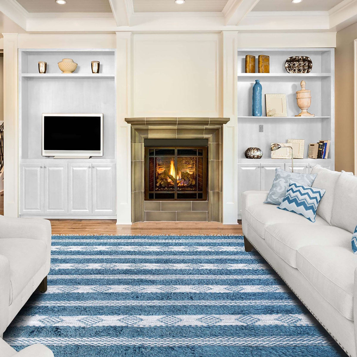 4' X 6' Blue And Ivory Wool Striped Flatweave Handmade Stain Resistant Area Rug With Fringe