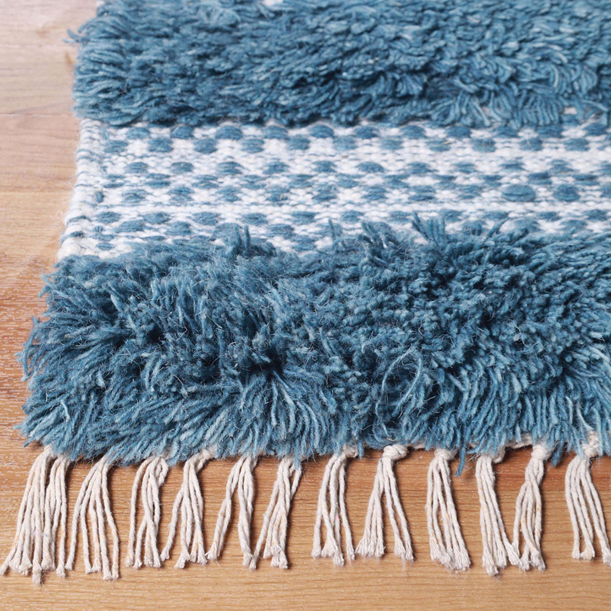 4' X 6' Blue And Ivory Wool Striped Flatweave Handmade Stain Resistant Area Rug With Fringe