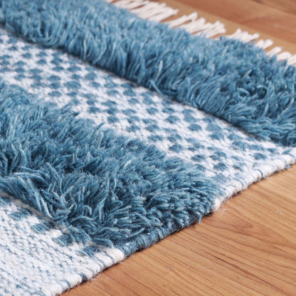 4' X 6' Blue And Ivory Wool Striped Flatweave Handmade Stain Resistant Area Rug With Fringe