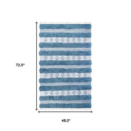 4' X 6' Blue And Ivory Wool Striped Flatweave Handmade Stain Resistant Area Rug With Fringe