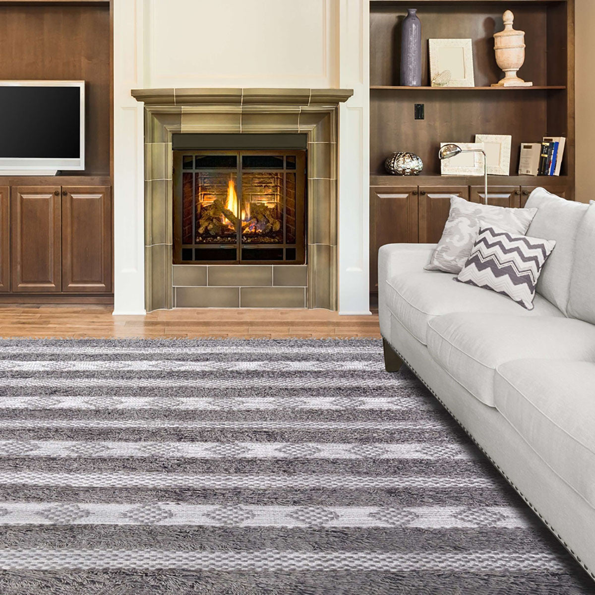 4' X 6' Grey And Silver Wool Striped Flatweave Handmade Stain Resistant Area Rug With Fringe