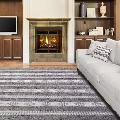 4' X 6' Grey And Silver Wool Striped Flatweave Handmade Stain Resistant Area Rug With Fringe