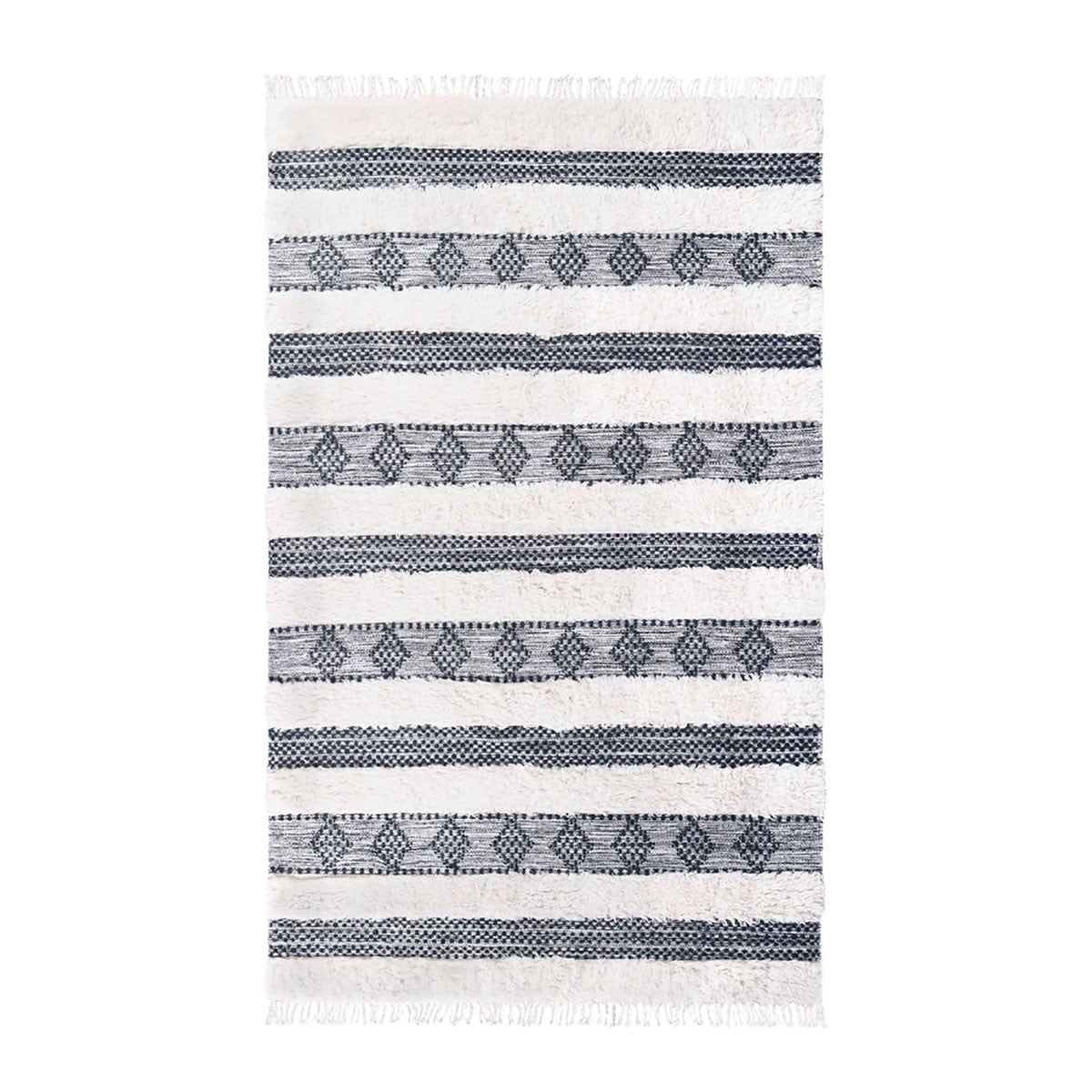 5' X 8' Black And Ivory Wool Striped Flatweave Handmade Stain Resistant Area Rug With Fringe
