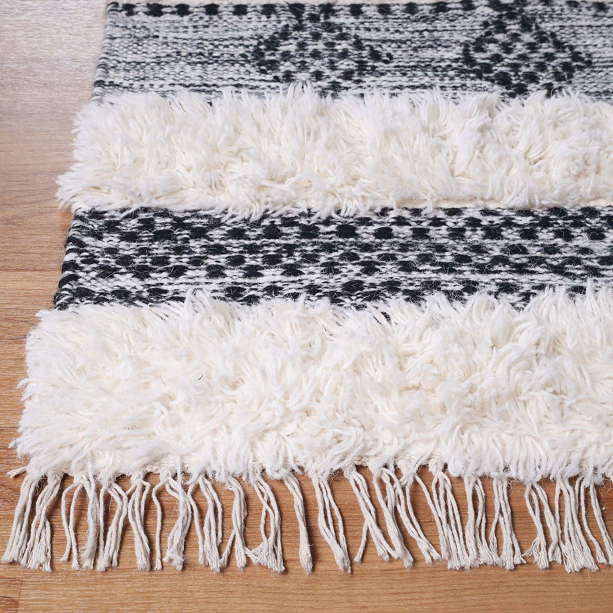 5' X 8' Black And Ivory Wool Striped Flatweave Handmade Stain Resistant Area Rug With Fringe