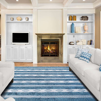 5' X 8' Blue And Ivory Wool Striped Flatweave Handmade Stain Resistant Area Rug With Fringe