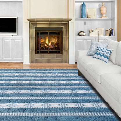 5' X 8' Blue And Ivory Wool Striped Flatweave Handmade Stain Resistant Area Rug With Fringe