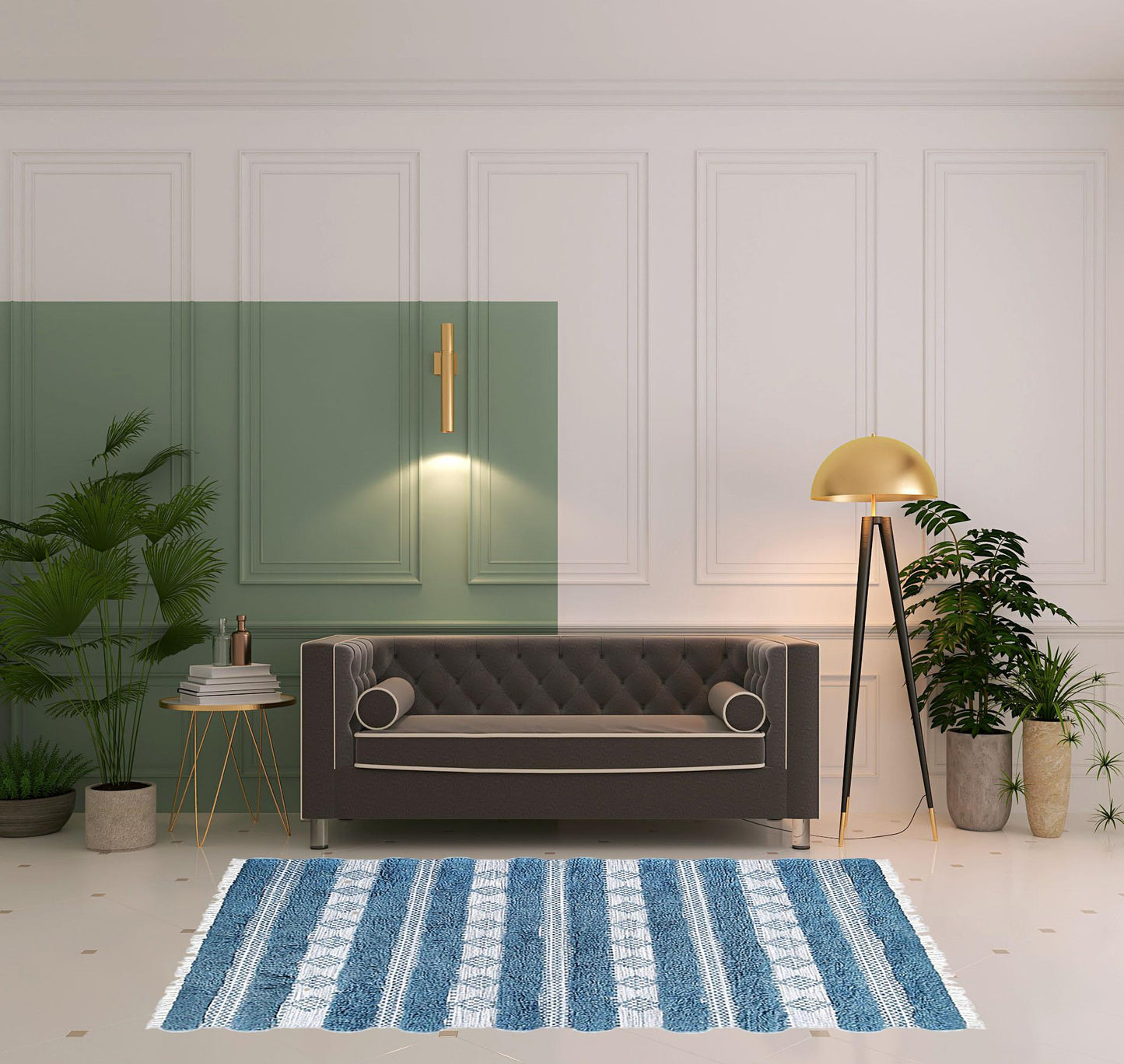 5' X 8' Blue And Ivory Wool Striped Flatweave Handmade Stain Resistant Area Rug With Fringe