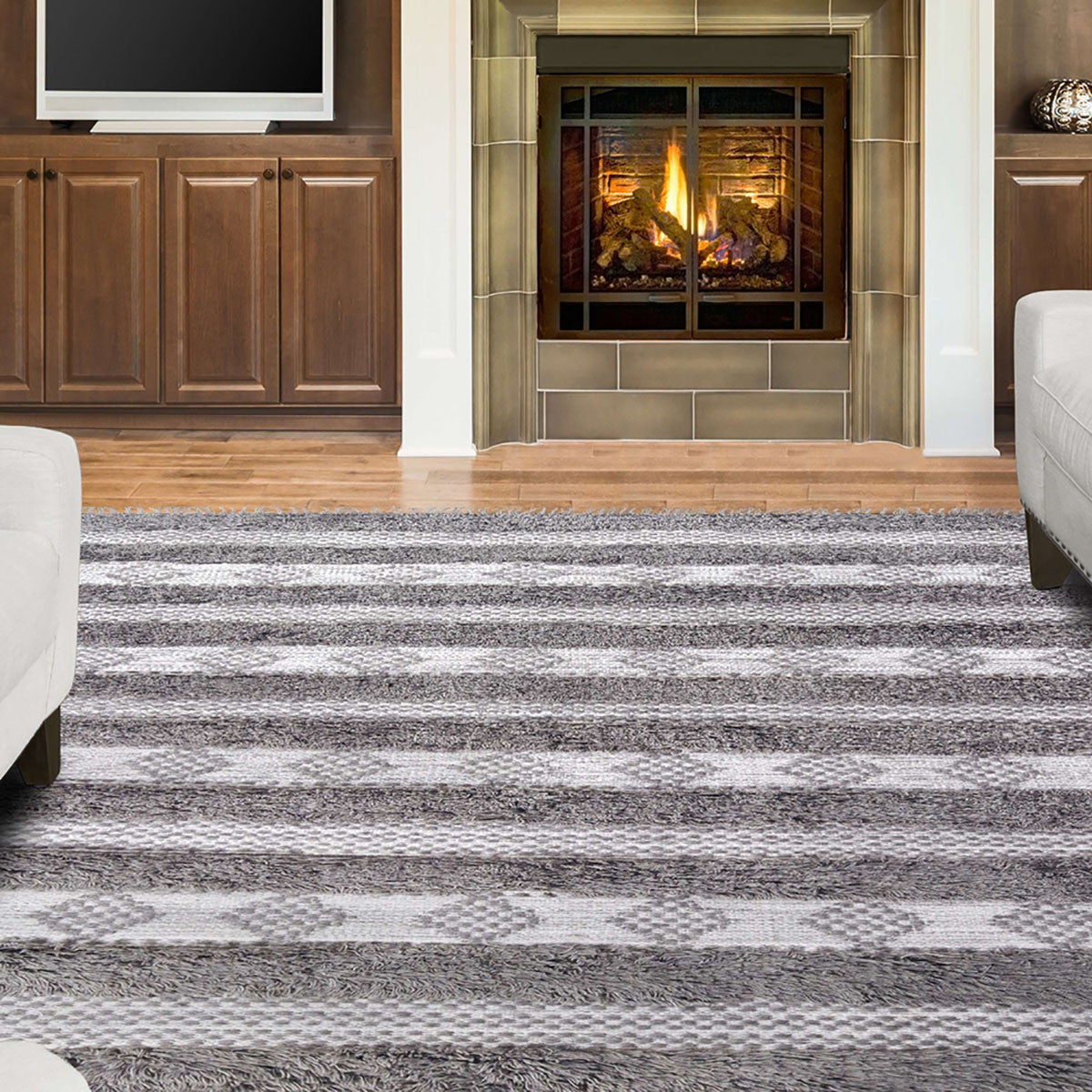 5' X 8' Grey And Silver Wool Striped Flatweave Handmade Stain Resistant Area Rug With Fringe