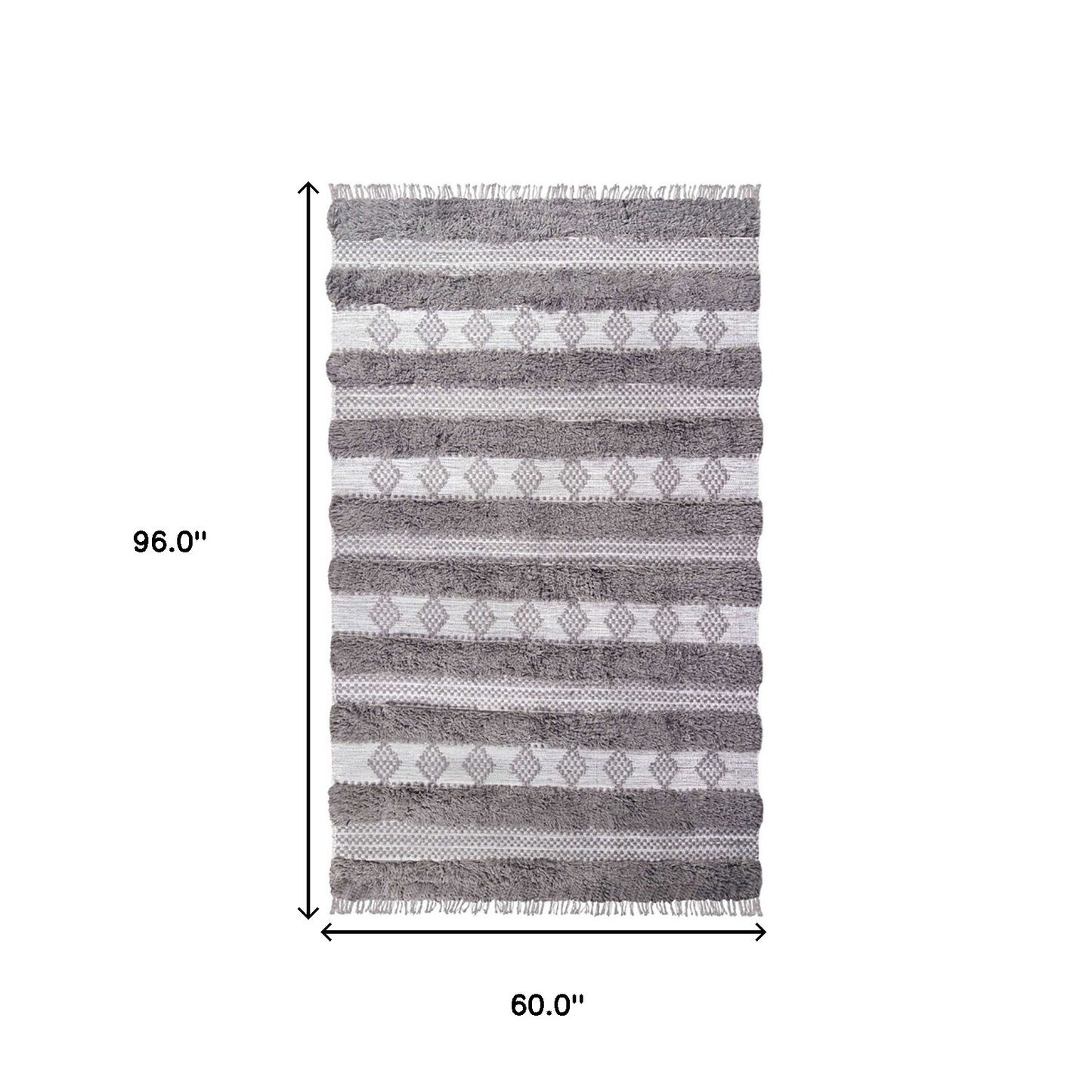 5' X 8' Grey And Silver Wool Striped Flatweave Handmade Stain Resistant Area Rug With Fringe