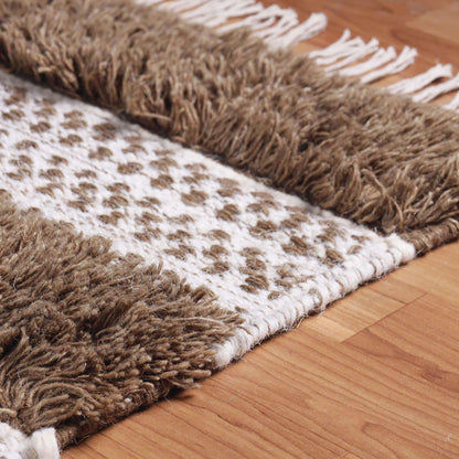 5' X 8' Olive And Ivory Wool Striped Flatweave Handmade Stain Resistant Area Rug With Fringe