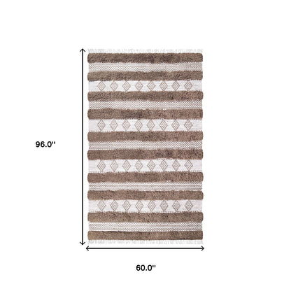 5' X 8' Olive And Ivory Wool Striped Flatweave Handmade Stain Resistant Area Rug With Fringe