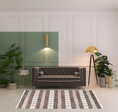 5' X 8' Olive And Ivory Wool Striped Flatweave Handmade Stain Resistant Area Rug With Fringe